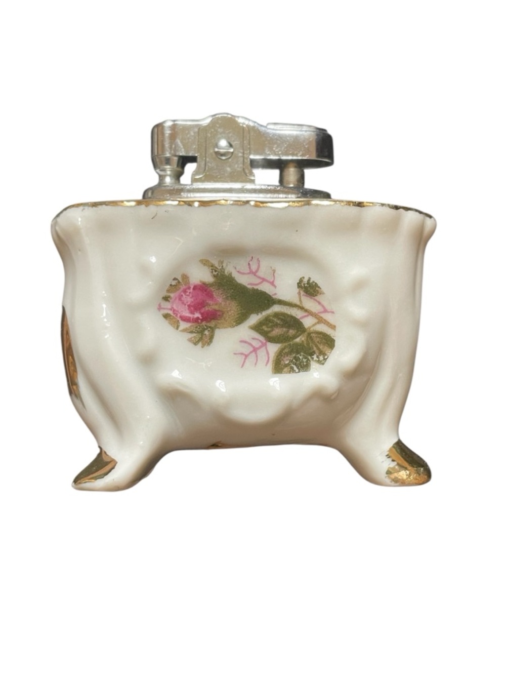 Vintage Japan Table Lighter Moss Rose Porcelain Floral EMPTY